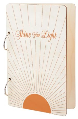 SUPERDANT Shine Your Light Greeting Card Organizer Boho Sun Wooden Card Keeper Binder Greeting Cards Storage Cards Holder Book Postcard Album 2-Rings for Birthday Graduation Gift