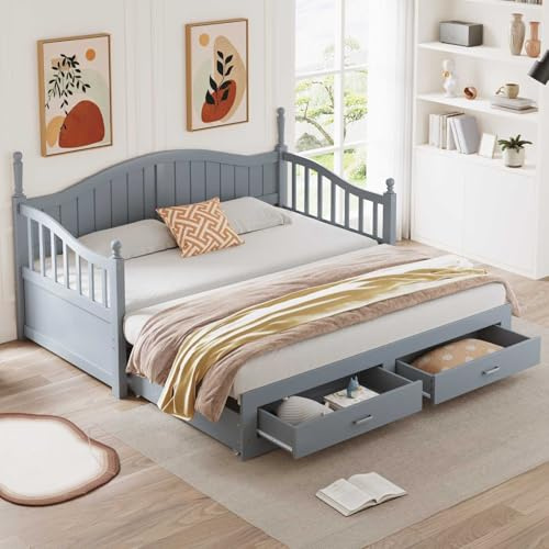 YEHTOKHOME 90/180x190 cm canapé-lit en Bois Massif Extensible avec 2 tiroirs, Multifonctionnel avec lit escamotable et sommier à Lattes, avec Dossier et accoudoirs(sans Matelas) (Gris)