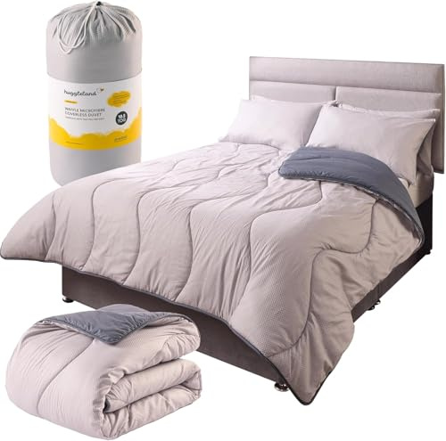 Huggleland Easy Wash Reversible Coverless Duvet & 1 Pillowcase - 10.5 Tog Soft Hypoallergenic Bedding, Lightweight All-Season Quilt with Pillowcase, Machine Washable (Single, Waffle Seersucker)