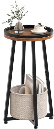 HOOBRO Beistelltisch rund, Kleiner Nachttisch, Sofatisch modern, Couchtisch mit erhöhtem Rand und beigem Stoffkorb, für kleine Räume, Wohnzimmer, Wohnheim, Rustikales Braun EBF183BZ01