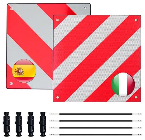 Rppiup Cartello Carichi Sporgenti Omologato, 50x50cm Segnale di Avvertimento Italia e Spagna, 2 in 1 Alluminio Cartello Avvertimento Italia Spagna con 4 Corde Tensione, per Portabici, Auto, Camper
