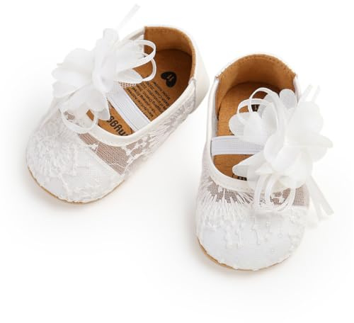 Baby Girls Mary Jane Flats with Lace Floral Non Slip Soft Sole Newborn Infant Toddler First Walkers Cirb Dress Shoes