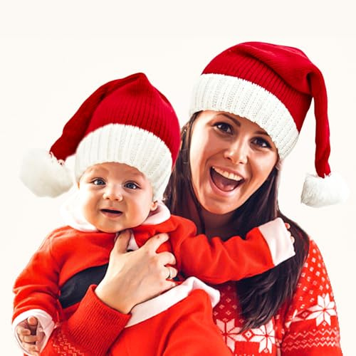 Gorro Papá Noel Adulto y Niños, Gorros Navidad para Bebés Hombre Mujer, Gorro Santa Claus Adultos Rojo Tejido para Padres e Hijos, Sombrero Divertidos para Disfraz Navideño para Fiestas Navideños
