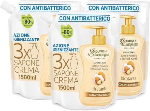 Spuma di Sciampagna Sapone Liquido Mani, Latte di Mandorla, Ricarica 1,200L, Confezione da 3 (3,6L Totale)
