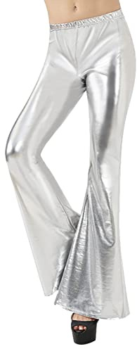 Pantalones acampanados metálicos brillantes para mujer, cintura alta, parte inferior elástica, pierna ancha, plata, S