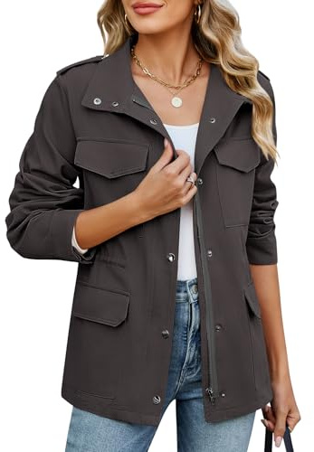 Tuopuda Chaqueta Militar Mujer de Algodón Ligero Primavera Otoño Entretiempo Cazadora Casual Chaqueta Cintura Alta Cordón Parka con Bolsillos