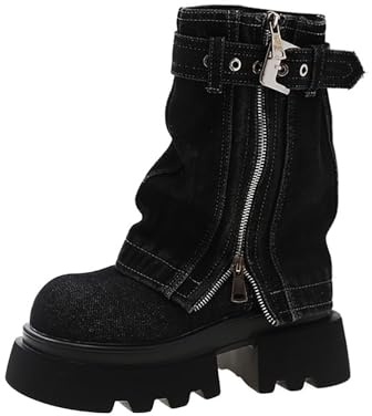 Santiags Mujer Western 2025 Nueva Bota De Denim Bota Cierre De Cremallera Botas Con Correa Hebilla Boot Plataforma Zapato Streetwear Chic Y Versátil Botines Mujer Invierno Chic
