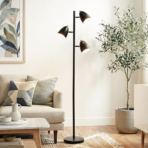 Brightech Jacob LED Standing Lamp, Modern Bright Floor Lamps for Living Rooms & Bedrooms, Tall LED Lighting Lamp with Adjustable 3 Light Tree – Classic Black