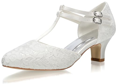JIAJIA 00968 De Las Mujeres Zapatos de Novia Dedo del pie Cerrado Correa en T Bloquear Tacón bajo Encaje Satinado Zapatillas Zapatos de Boda Color Marfil,Tamaño 39