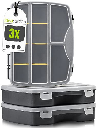 idea-station Sortierkasten 3 Stück / 19 x 15 cm - anthrazit - Organizer Box mit transparentem Deckel - Sortierboxen für Kleinteile, Bastel-Material, Bügelperlen, Schrauben, Spielzeug