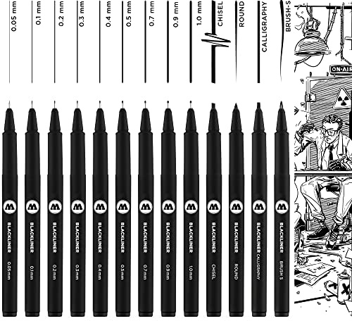 Molotow Blackliner Complete 13er Set (Strichstärke 0,05 mm bis 1,0 mm & spezielle Spitzen, Fineliner mit permanenter, dokumentenechter Tinte) 13 Stück schwarz