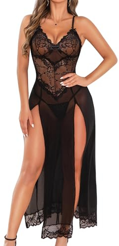 RSLOVE Mujeres Sexy Lencería Encaje Babydoll Malla Larga Chemise Ropa de Dormir Negro Large