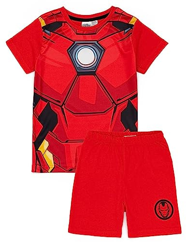 Marvel Iron Man Boys Pyjama Set | Kids Iron-Man T-Shirt and Shorts PJs Bundle | Powerful Red Suit Nightwear Costume | Complete Superhero Pajamas for Children | Cosy Loungewear