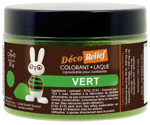 Déco Relief - Colorant Alimentaire Vert 20 g - Colorant Liposoluble en Poudre - Ingrédient Cuisine & Pâtisserie - Pour Crèmes au Beurre, Chocolat, Pâtes d’Amande, Ganaches - CH643