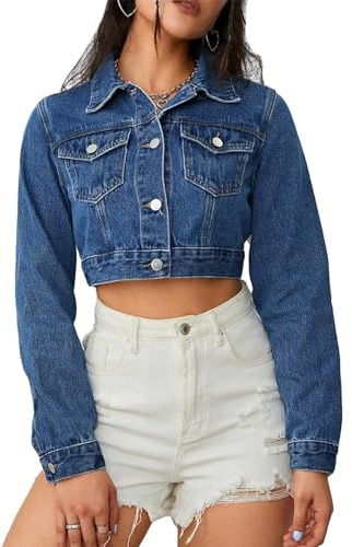 RomMoon Women's Denim Jackets Cropped Jean Jacket Long Sleeve Casual Button Down Crop Jean Jacket