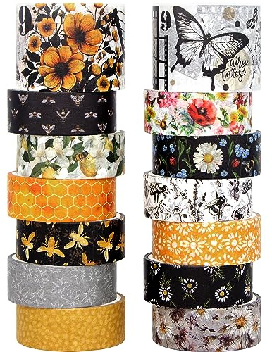 Jniseger Washi Tape Lot de 14 rouleaux de ruban adhésif Washi vintage Bee Floral Butterfly Botanical Washi Tape, Jaune et Noir Rubans décoratifs pour scrapbooking, Junk Journal, Bullet Journaling,