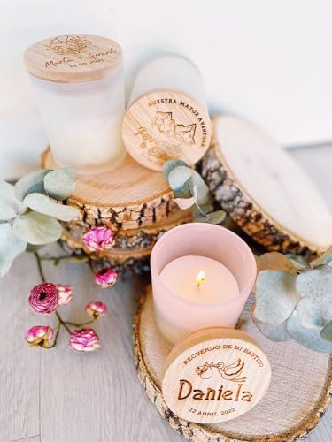 MONAMI - Pack 10 Velas personalizadas en cristal y tapa de bambú. Detalle ideal para boda, bautizo o comunión. Vela aromática de vainilla. Varios modelos a elegir.