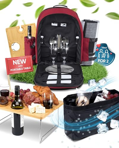 PL Harmony Picknickryggsäck med bärbart vinbord, filt, isolerat läckagesäkert kylfack, vinhållare och bestickset (röd)