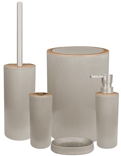 Set Completo Accessori Bagno 5 Pezzi Design Moderno In Plastica Incluso Cestino Pattumiera,Dispenser Sapone Portascopino Con Scopino Incluso,PortaSaponetta,Porta Spazzolini - Beige