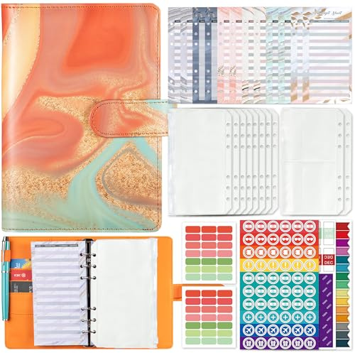 A6 Budgetplanerare, ringbok, budgetplanerare med Challenge Tracker, färgade skiljeblad, etikettklistermärken, sparbok för dagbok, 8 klara kuvert med dragkedja för pass, kvitton (orange)