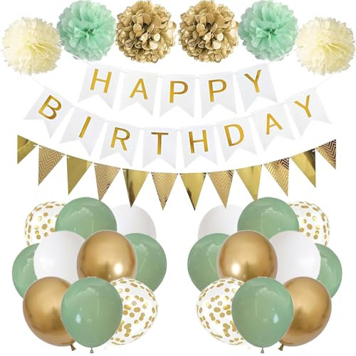 Geburtstag Dekoration Weiß Gold, Mann Frauen Geburtstagsdeko, Happy Birthday Banner, Grün Gold Luftballons DIY Party Papier Pompoms für Jungen Mädchen Geburtstag Deko Party Supplies