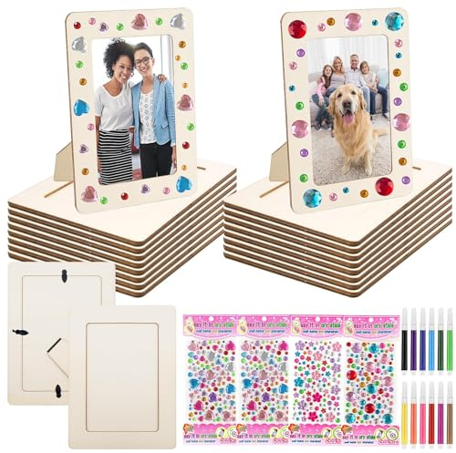 16 Pack DIY Picture Frame Craft Kit, Wooden Craft Frames for 4 x 6 inch | Decorate Photo Frame Craft Kit, 15x20cm, with 12 Color Pen 4 Diamond Stickers, Painting Tools Set for DIY Art Party Favor