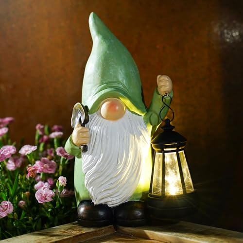 Divertente gnomo da giardino con lanterna, statue di gnomo verde, ornamenti solari da giardino all'aperto, regali da giardino impermeabili per patio, prato, cortile, decorazioni, 25 cm di altezza