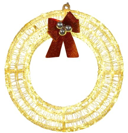 LED Acrylic Christmas Wreath Decoration with 240 Warm White Lights and Red Bow – 38cm Hanging Indoor & Outdoor Festive Light Up Ornament with 5m Lead Wire, Weatherproof Design and 10% Flashing Effect