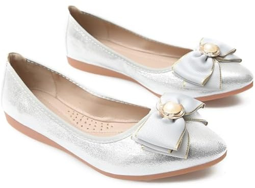 Ballerine da donna pieghevoli con strass a punta, morbide e confortevoli, eleganti mocassini con fiocco, Argento, 41 EU