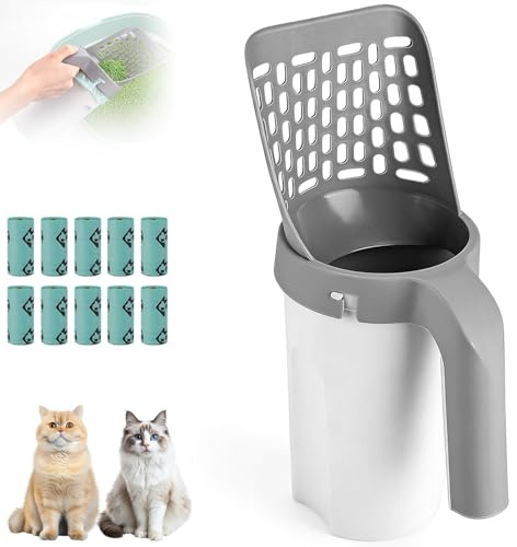 Pala Arenero Gato con Soporte & Bolsas, Cuchara Basura Gran Capacidad, Pala Arena Gatos Integrado Portátil, Dispensador Residuos Desmontable, Accesorio Gatos para Recoger Excrementos Mascotas (Gris)