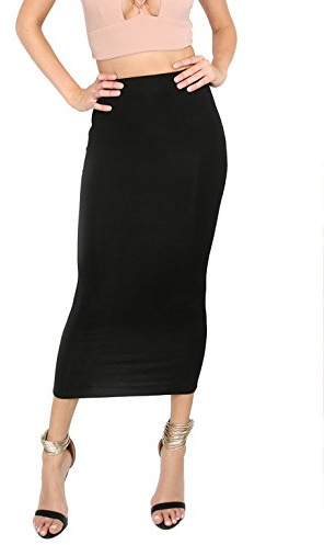 MakeMeChic Women's Fall Black Skirt Basic Below Knee Stretchy Pencil Skirts Black Large