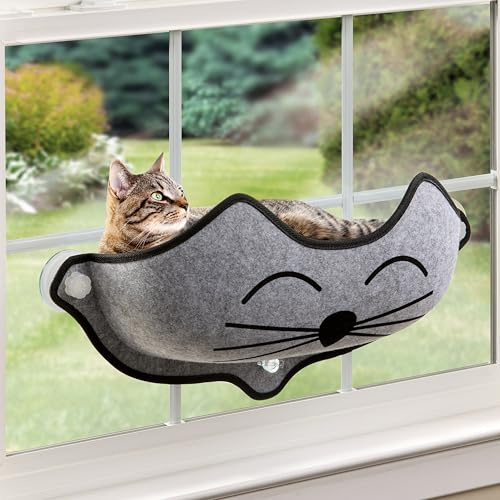 K&H Pet Products EZ Mount Kitty Face Cat Window Perch Bed, Sturdy Cat Window Hammock with Strong Suction Cups, Washable Sleeping Pad, Fits 30 W X 15 H Glass Spaces - Gray Kitty Face Design
