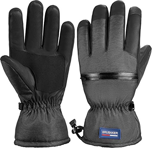 BRUBAKER Skihandschuhe Wasserdicht und Winddicht mit Reißverschluss Tasche und Abzieher für Skibrille - Winterhandschuhe für Herren und Damen - Warme Snowboardhandschuhe - Thermo Handschuhe - L/XL