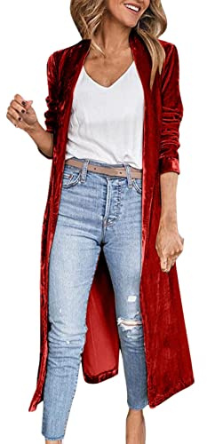 Women's Long Velvet Blazer Cardigan Jacket Lapel Collar Open Front Vintage Cardigan with Pocket Red
