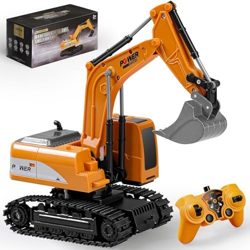 Daioller Escavatore RC per ragazzi,veicolo da costruzione telecomandato,escavatore idraulico per bambini,camion di ingegneria con 2 batterie ricaricabili,pala in metallo,luci/suoni,demo a un tocco