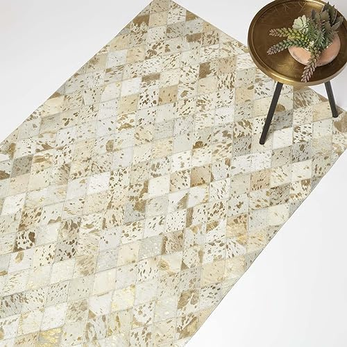 Homescapes Fellteppich Gold-gesprenkelt 90x150 cm, Patchwork-Teppich mit Rautenmuster, Lederteppich Creme-beige-grau