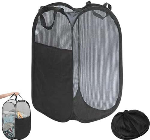 Large Washing Basket Collapsible Mesh Collapsible Washing Basket Pop up Laundry Hamper Basket with Side Pocket Laundry Hampers Mesh Laundry Baskets with Handles for Bathroom College Dorm Black