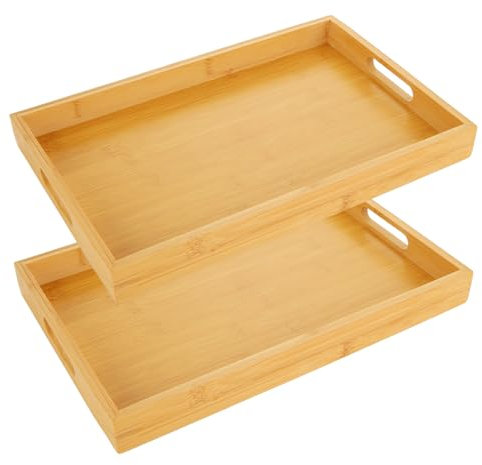 GBACHOOSE 2 Pack Bamboo Tray, Wooden Tray with Handles, Rectangular Large Bamboo Serving Tray for Tea Coffee Snack(38 x 25 x 4cm)
