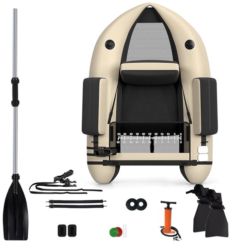 HOMASIS Bateau de Pêche Pneumatique pour Adultes,Bateau Gonflable avec Palmes en PP et Pagaie en Aluminium,Canot de pêche avec Réservoir de Pêche&Equipement Complet,Charge 160 kg, 136 x 105 x 54 cm