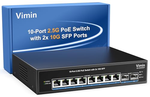 VIMIN Switch Poe di Rete 2,5G a 10 Porte, 8 Porte Poe Base-T da 2,5G con 2 x 10 Gbps SFP, Compatibile con 100/1000/2500Mbps, IEEE802.3af/at Power Over Ethernet Poe Switch Plug & Play