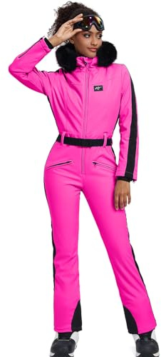 HOTIAN Damen Skianzug Einteiler Skioverall Winter Warme Damen Schneeanzug Wasserdicht Winddicht skibekleidung Schneeoverall Jumpsuit Mit Kapuze Rose S