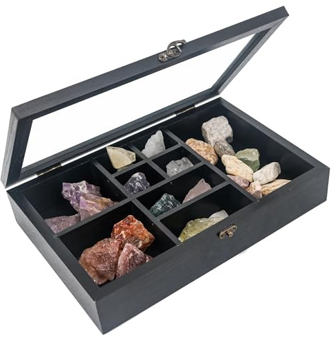 GMFrames Rock Display Case 9 Grids Gemstone Case,Crystal Holder Rock Collection Box,Healing Crystal Storage Box,Crystal Organizer Shelf,Crystal Display Case with Glass Lid Black