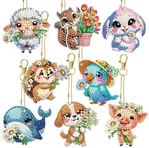 FineGood 8 piezas de lindos kits de pintura de arte de diamante de animales, kits de llavero de arte de diamante de cristal de 5D atrapasoles colgante de adorno DIY