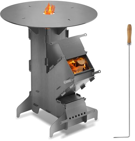 Jaxguom Raketugn med grillplatta och brandkrok, rocket stove utomhus, plugin-system, 3 mm tjockt stål, vedeldad kamin för holländsk ugn BBQ