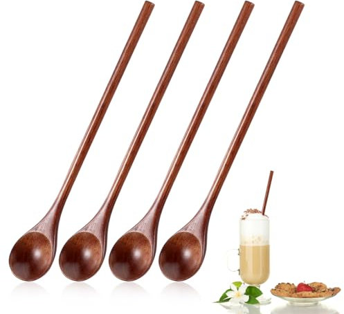 Ouligay 4 cucchiai lunghi per miele in legno, 20 cm, cucchiai di legno per miele, manico lungo in legno, cucchiai lunghi per caffè, miele, tè, zuppe (marrone scuro)