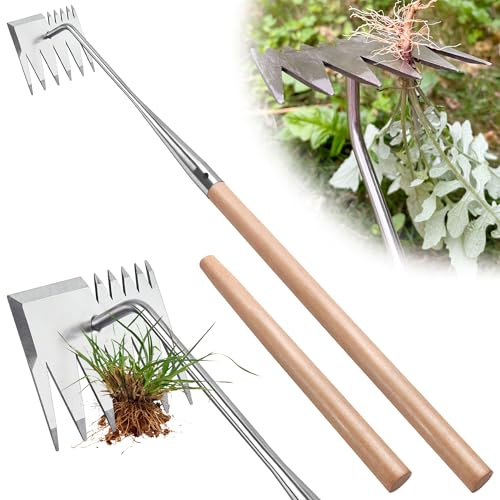 Weed Remover Tool, 2 Long Handle 32.3 / 28.3 Uprooting Weeding Tools for Garden Replaceable Wooden Handles 6 Teeth Weeder Tool Multi Purpose Weeding Tools for Dandelion Patio Lawn Farm Weeding