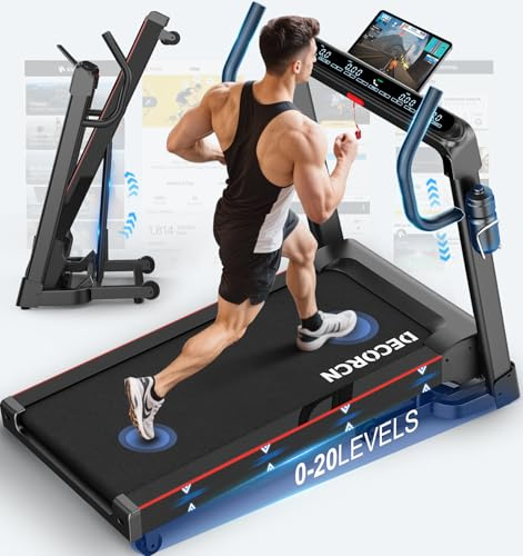 Decorcn Folding Treadmill for Home, 7HP, 20 Auto Incline, 1km/h-18km/h, 180KG limited, Running Machine for Heavy People with APP,LED, Bluetooth Speakers, Silent Walking Pad