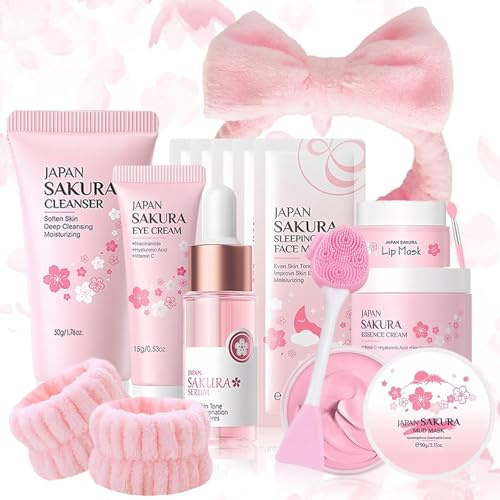 Kit per la Cura della Pelle Sakura 14 Pezzi,Include detergente, essenza, crema, maschera di fango,Sakura Skincare Set,Set Skincare Viso Completo per Ragazze e Donne