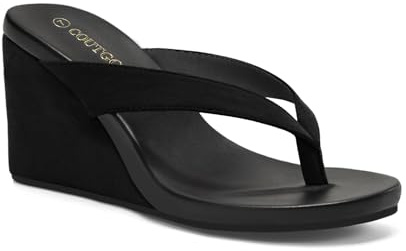 Coutgo Womens Wedge Heels Sandals Platform Flip Flops Slides Slip On Summer Beach Shoes, Black, size 8