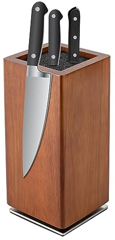 QUIOTUIR Bloc à Couteaux en Acacia Wood Rotatif à 360 Degrés avec Aimants à L'extérieur et Insert Poils Amovibles Porte Couteaux Aimanté pour Stocker Couteaux, Cuisine, Couverts, 11x11x24.6cm